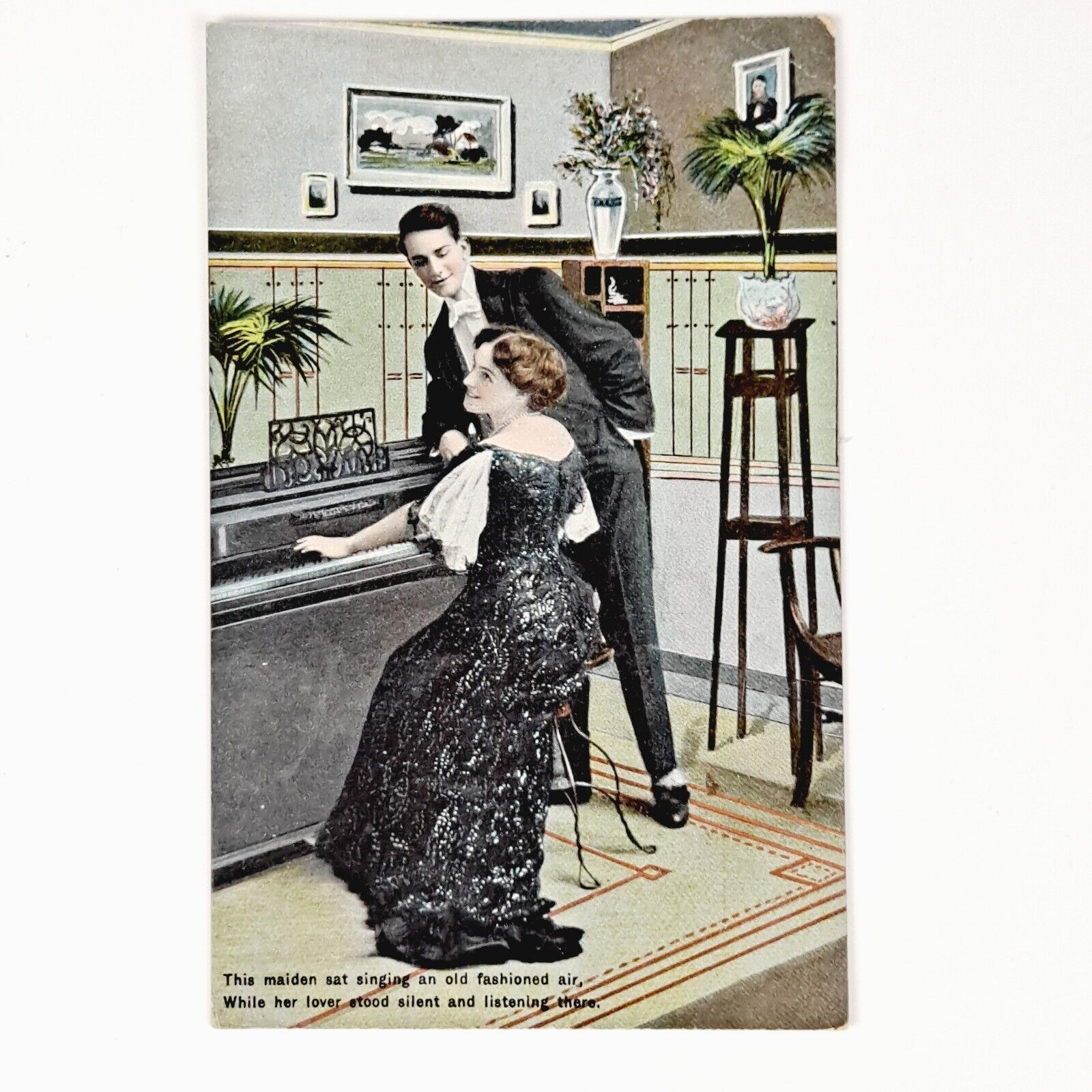 ANTIQUE 1909 POST CARD LOVE & ROMANCE COURTSHIP PIANO SERENADE POSTCARD - POSTED