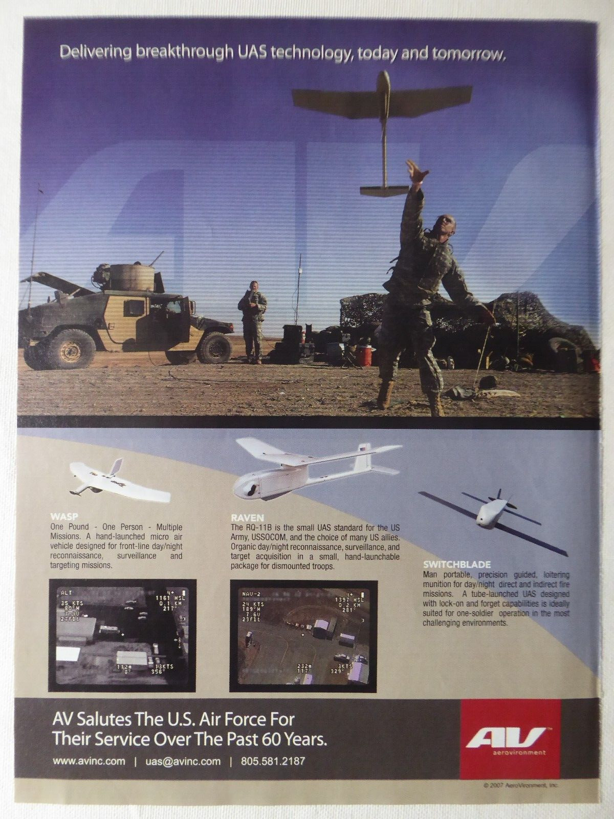 9/2007 PUB AV AEROVIRONMENT DRONE UAS US ARMY SWITCHBLADE WASP RAVEN AD