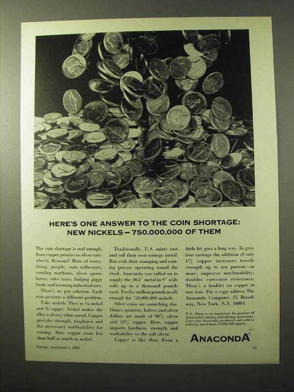 1964 Anaconda Copper Ad - Answer to Coin Shortage