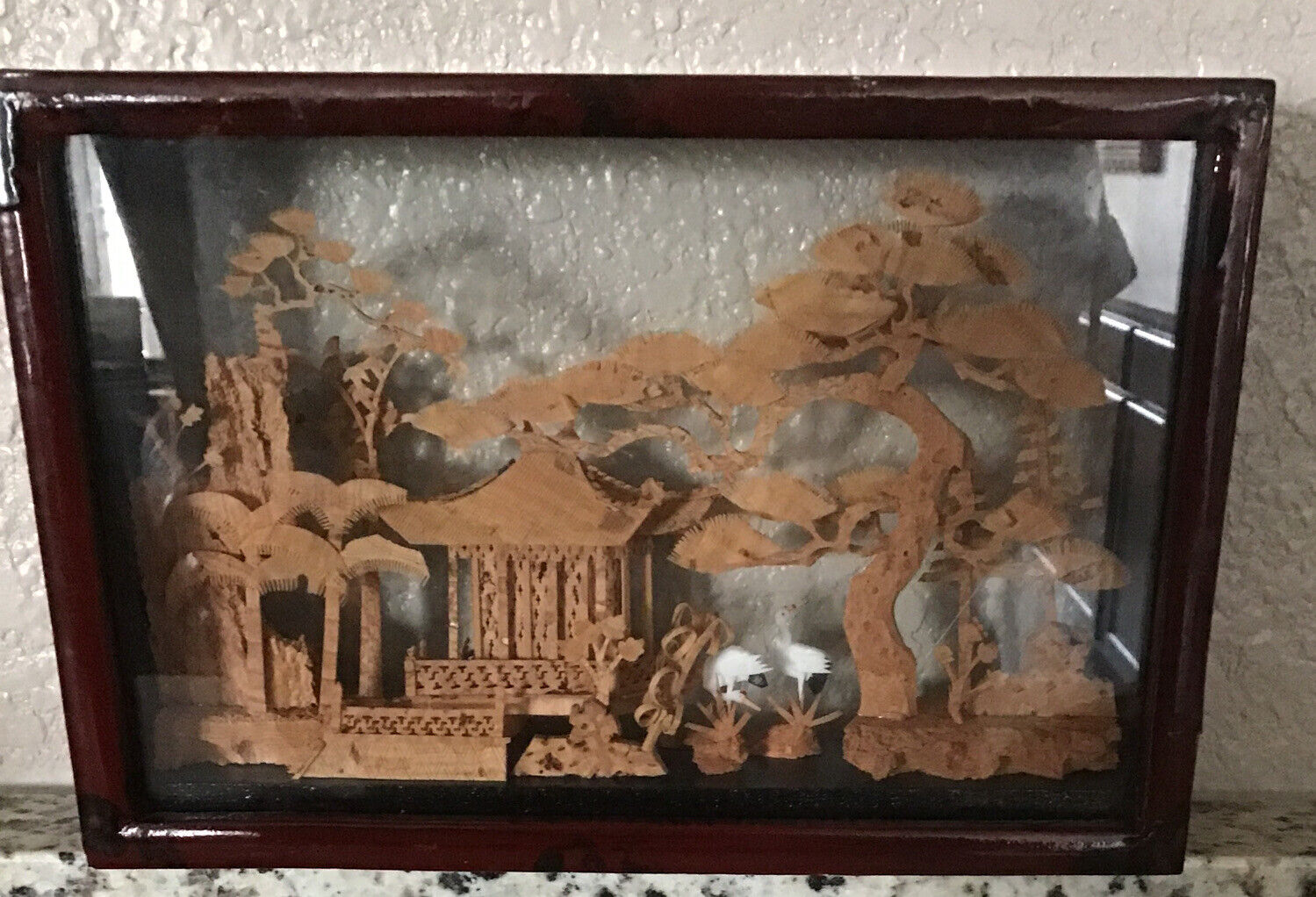 Vintage Chinese Japanese Carved Pagoda Cork Diorama Art In Glass Shadow Box