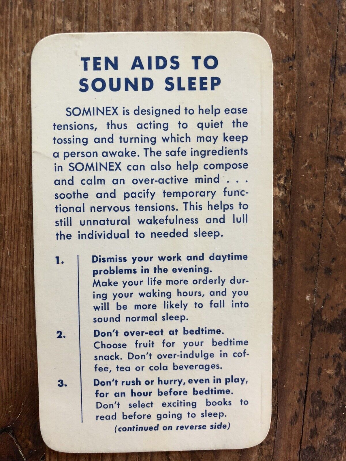 Vintage Sominex Advertising Card Ten Aids to Sound Sleep Advertising