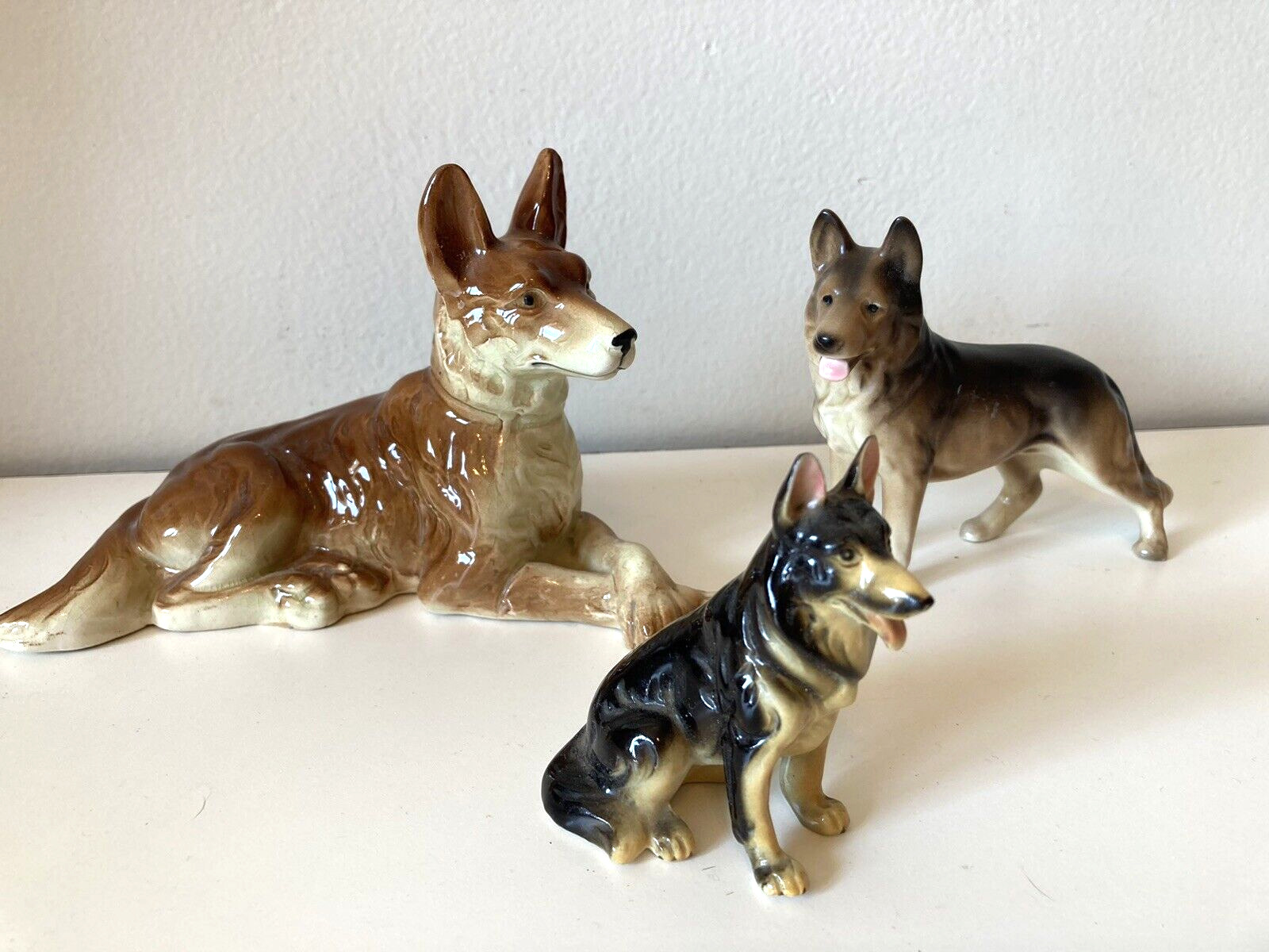 German Shepherd Laying Dog Old Style VINTAGE Japan Porcelain Figurines Lot 3