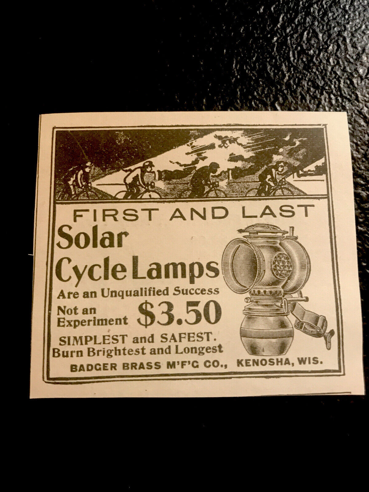 1899 Badger Brass Bicycle Solar Cycle Lamps Advertising - Kenosha - Wisconsin