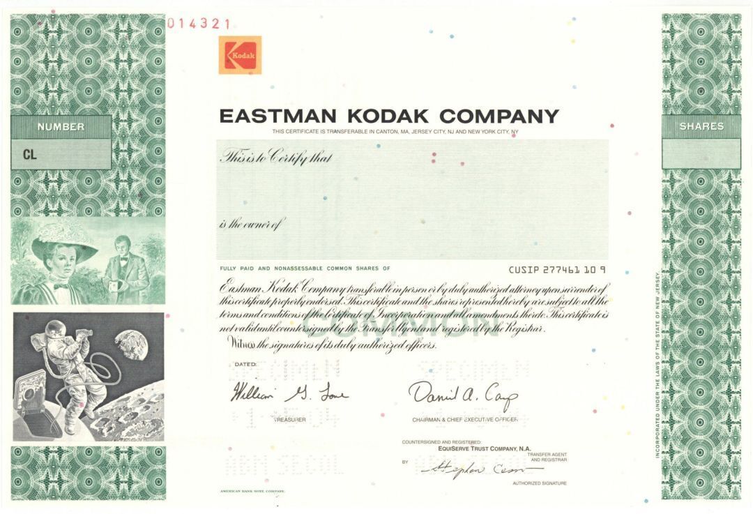 Eastman Kodak Co. - Specimen Stock Certificate - Famous Photography Company - Sp