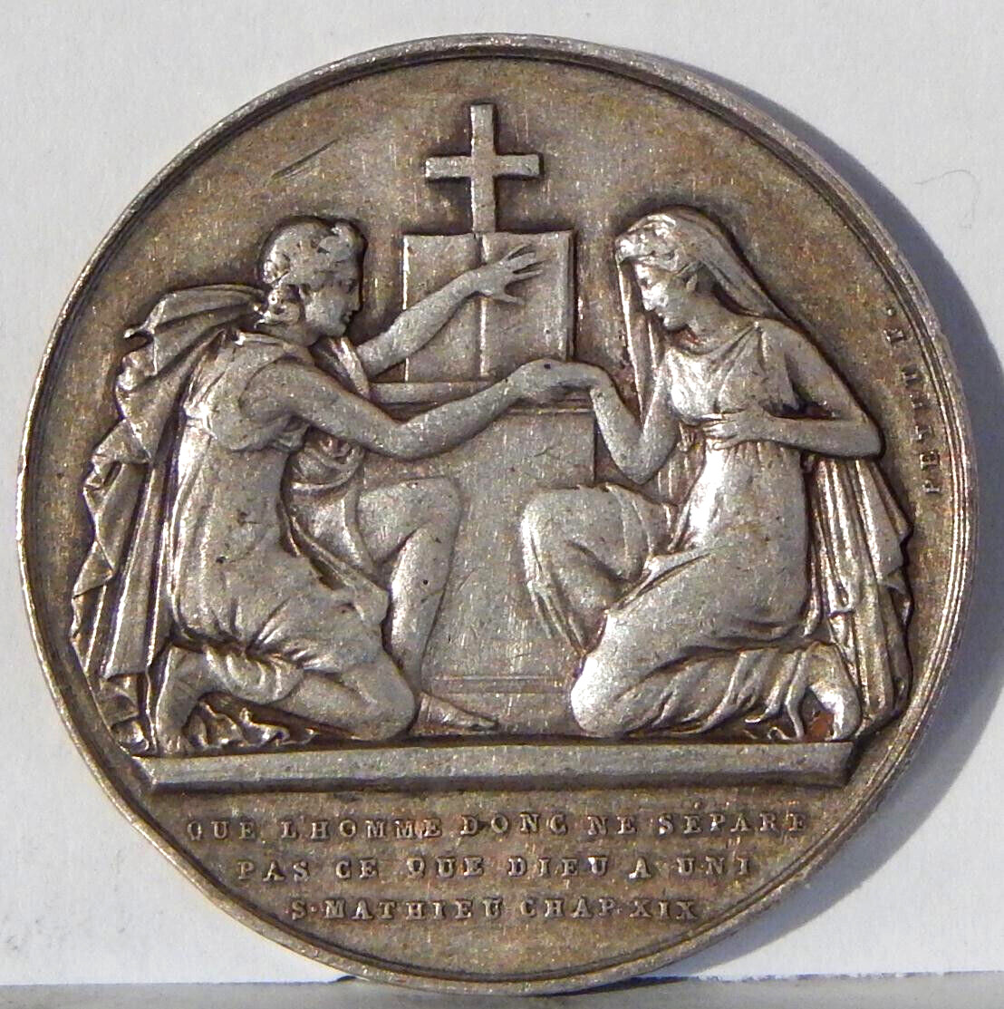 1869 SILVER MARRIAGE MEDAL WITH INSCRIBED EDGE ~ SCARCER DESIGN