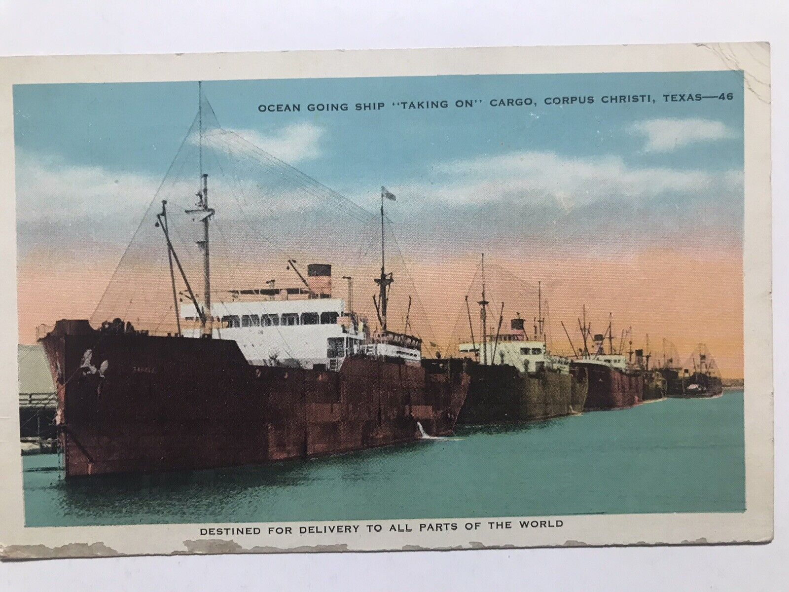 1938 Ocean Going Ship Taking On Cargo Corpus Christi Texas Postcard