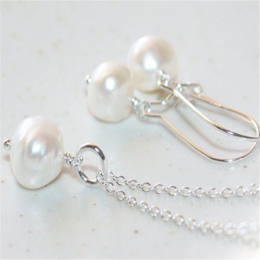 9-10MM white freshwater pearl 925 silver pendant earring set Men Energy Heart