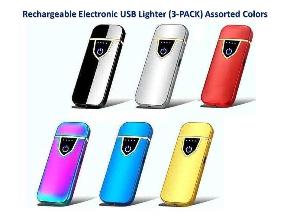 Rechargeable USB Lighter Windproof Plasma Touch Ignition 3-PACK, Assorted Colors
