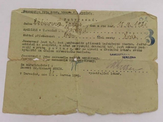 Jewish holocaust Theresienstadt camp/ ghetto survivor certificate/ document 1945