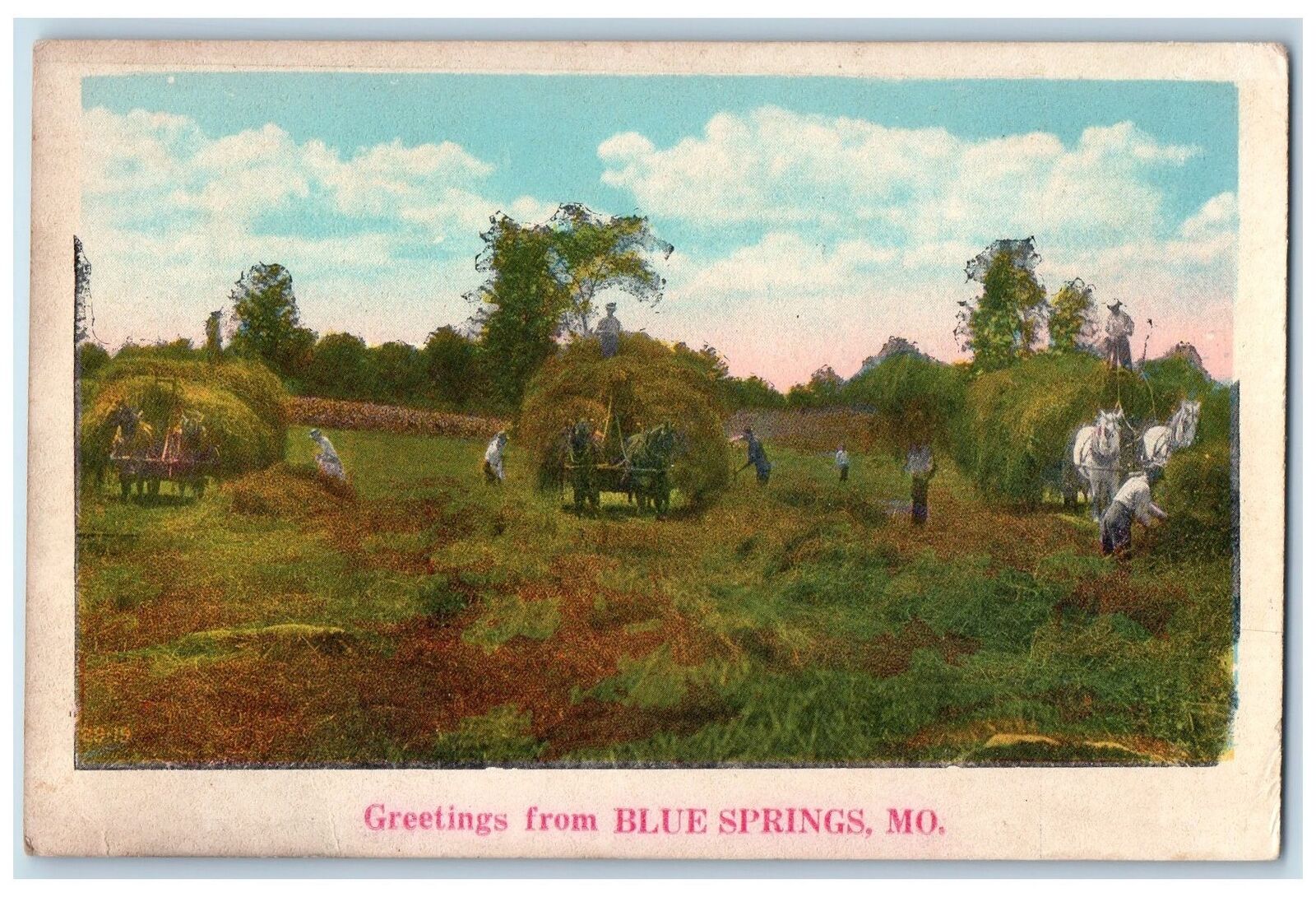 c1920s Greetings From Blue Springs Horses Missouri MO Unposted Vintage Postcard