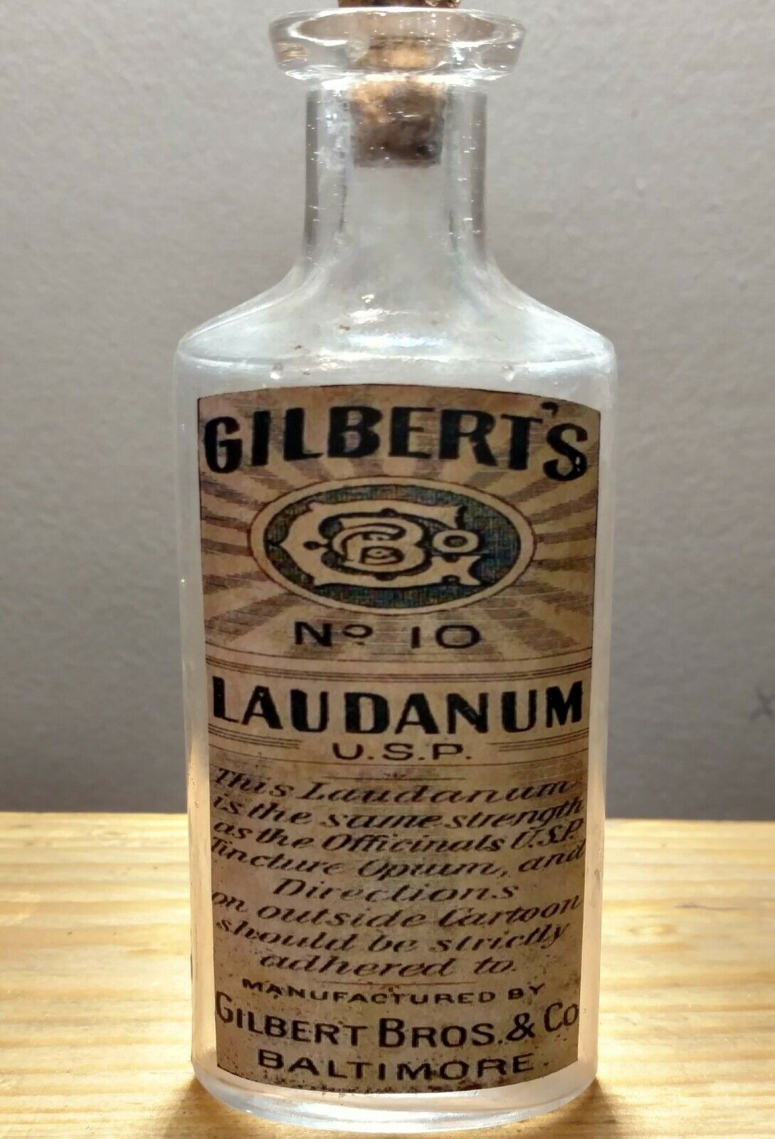 Vintage Medicine Hand Crafted Bottle, Gilbert Bros Laudanum with Opium, NO. 10