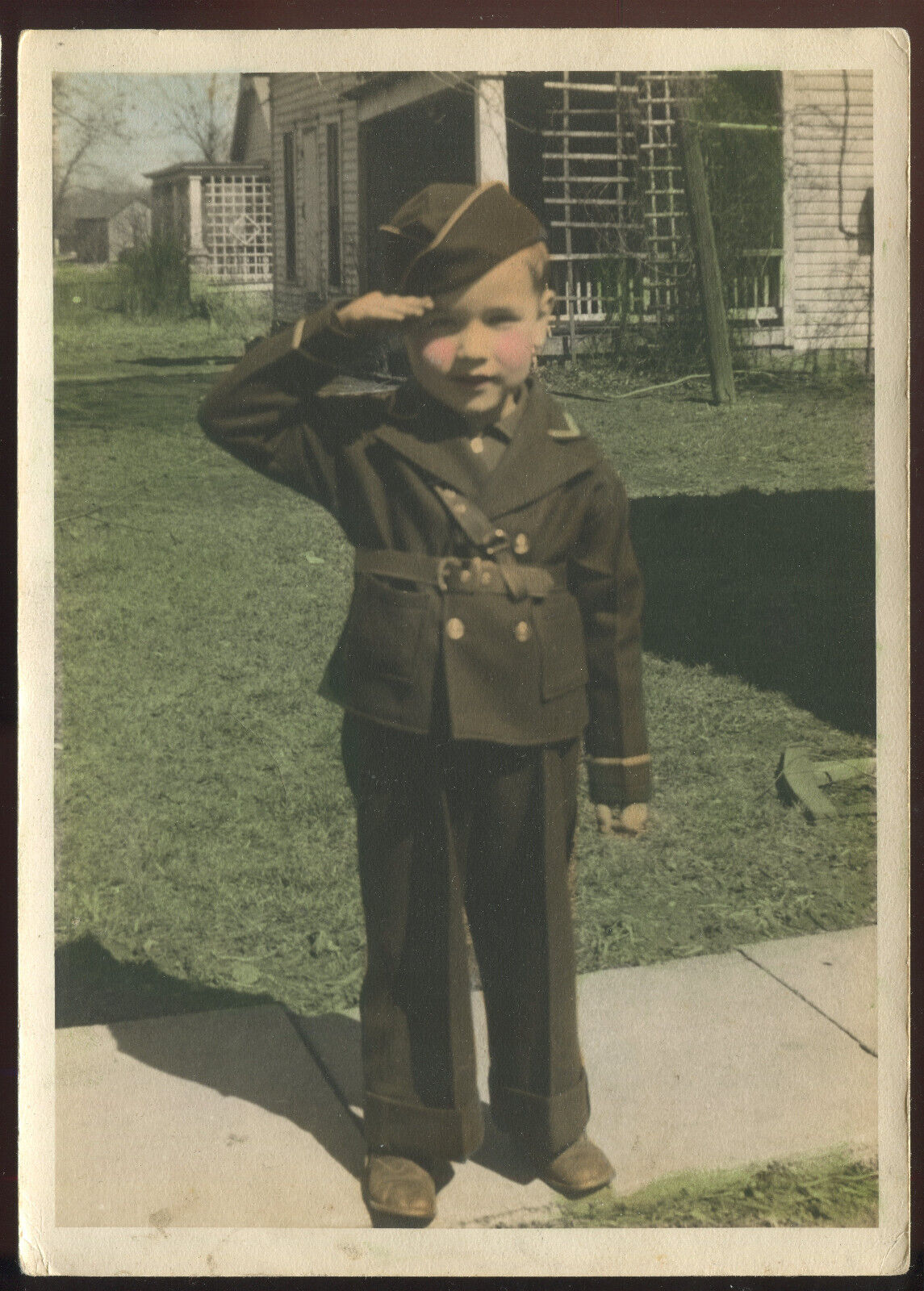 FOUND PHOTO Hand Tinted 5x7 Boy Saluting in Military Fatigues Color Snapshot VTG