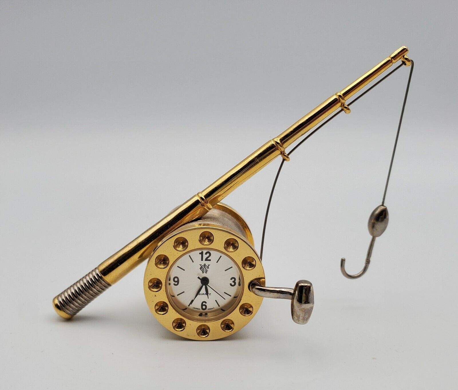 Miniature Fishing Rod & Reel Collectible Clock ~  Stunning Gold with White Face