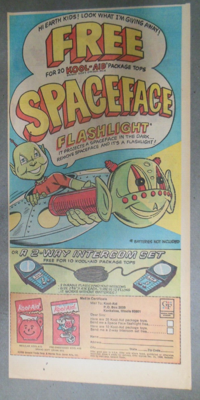 Kool-Aid Drink Ad: SpaceFace Flashlight Premium from 1968 Size: 7.5 x 15 inches