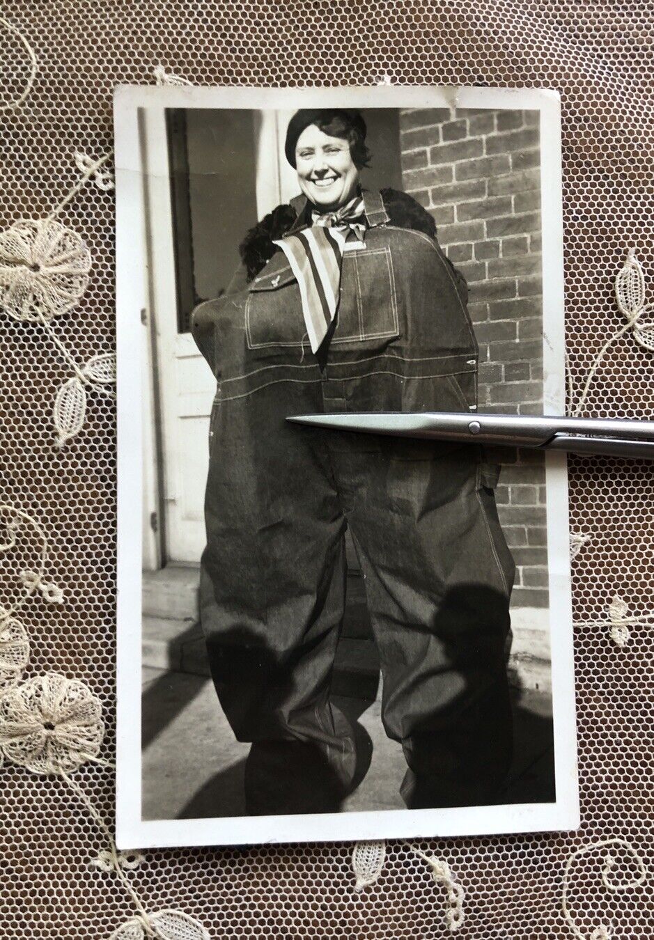 Vintage 1930s Lady Wears Huge Plus Size Overalls Meant for Obese Funny Photo