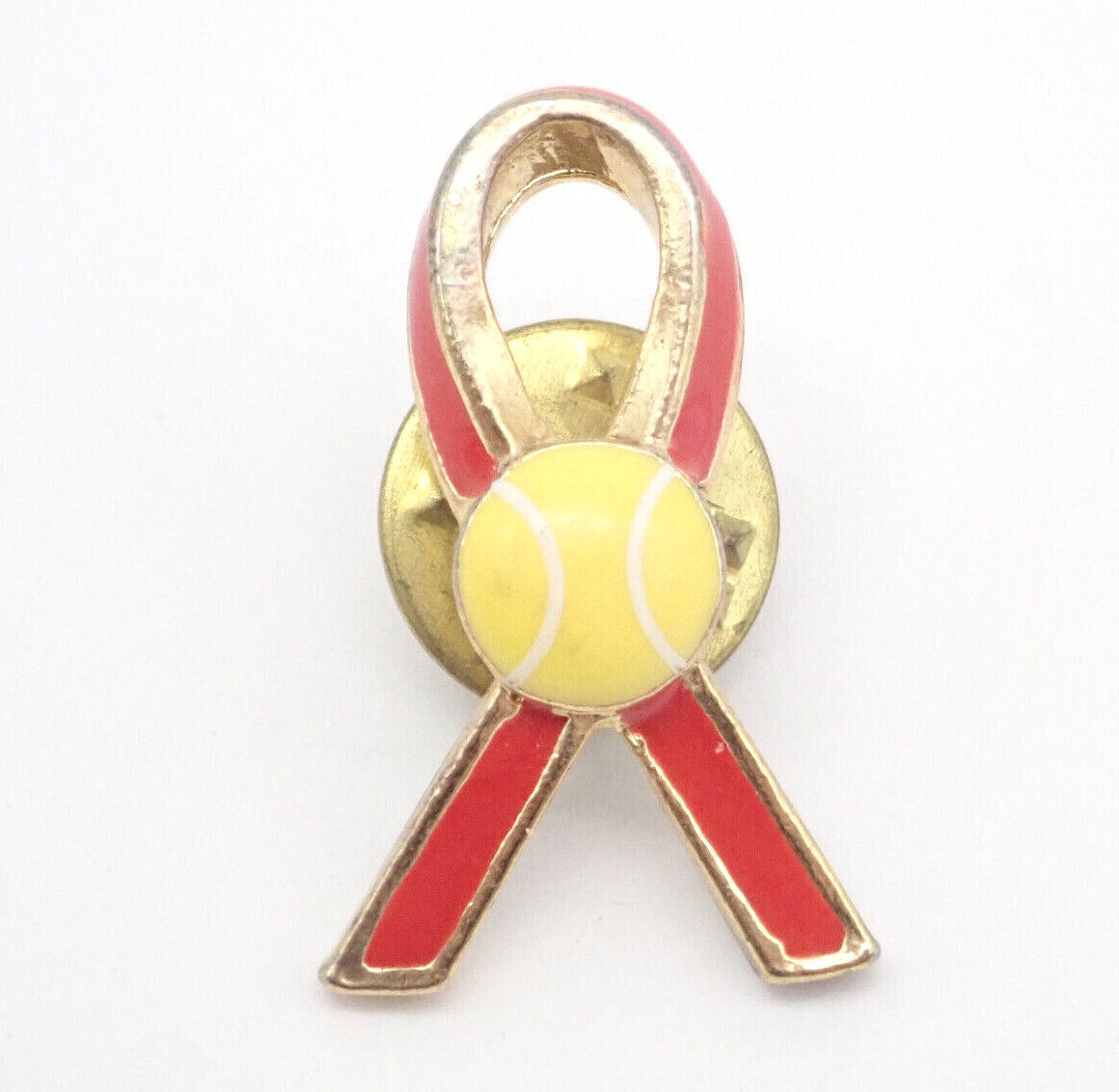 Red Ribbon and Tennis Ball Gold Tone Vintage Lapel Pin