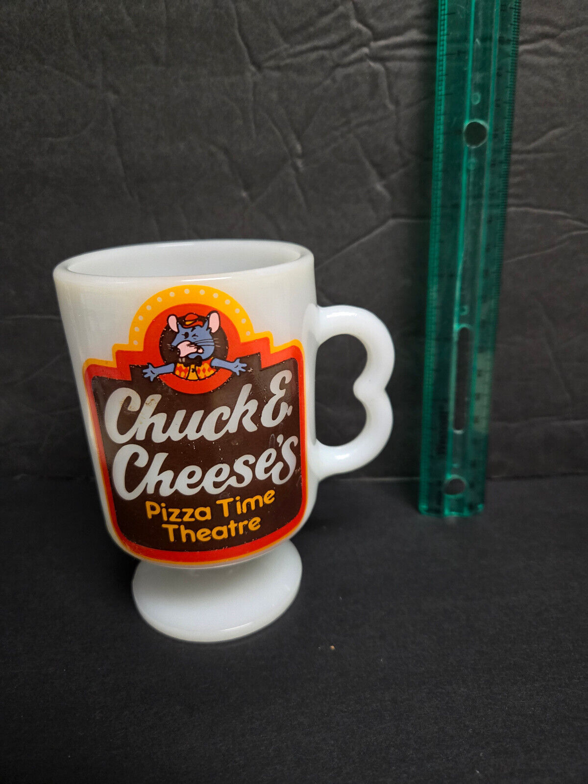Vintage 1980s Chuck E Cheese Milk Glass Pedestal Coffee Mug Retro Dopamine Decor