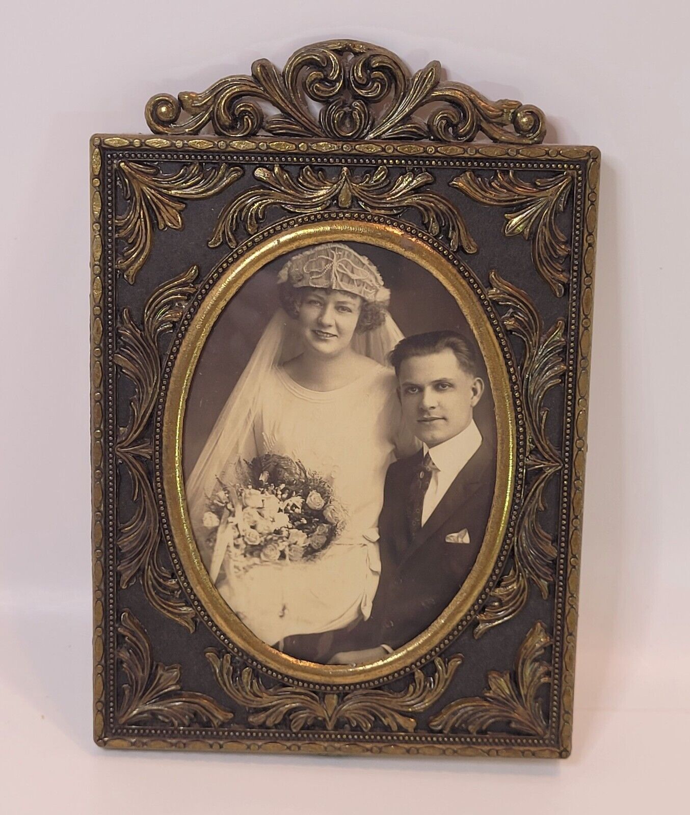 Antique 1920's Wedding Photo Italian Metal Frame Bride & Groom Period Headpiece
