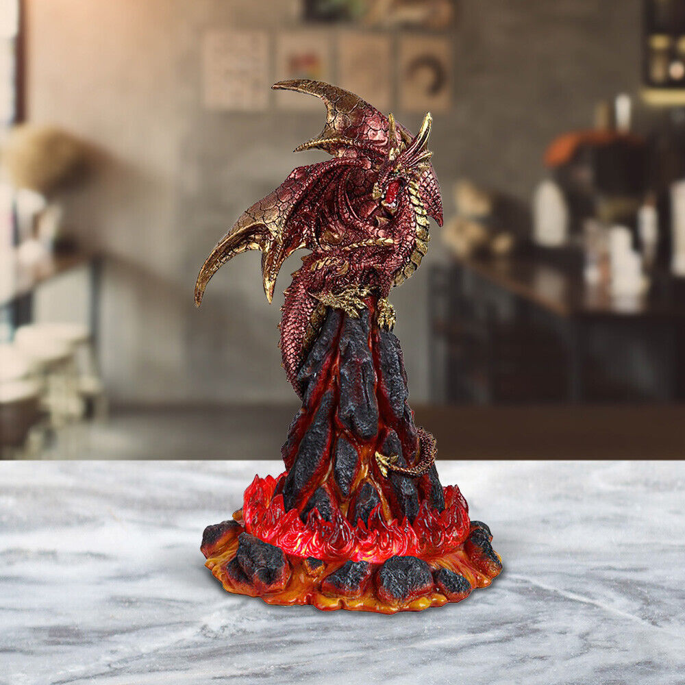 Red Dragon Standing on Volcano with LED Light Statue 10\