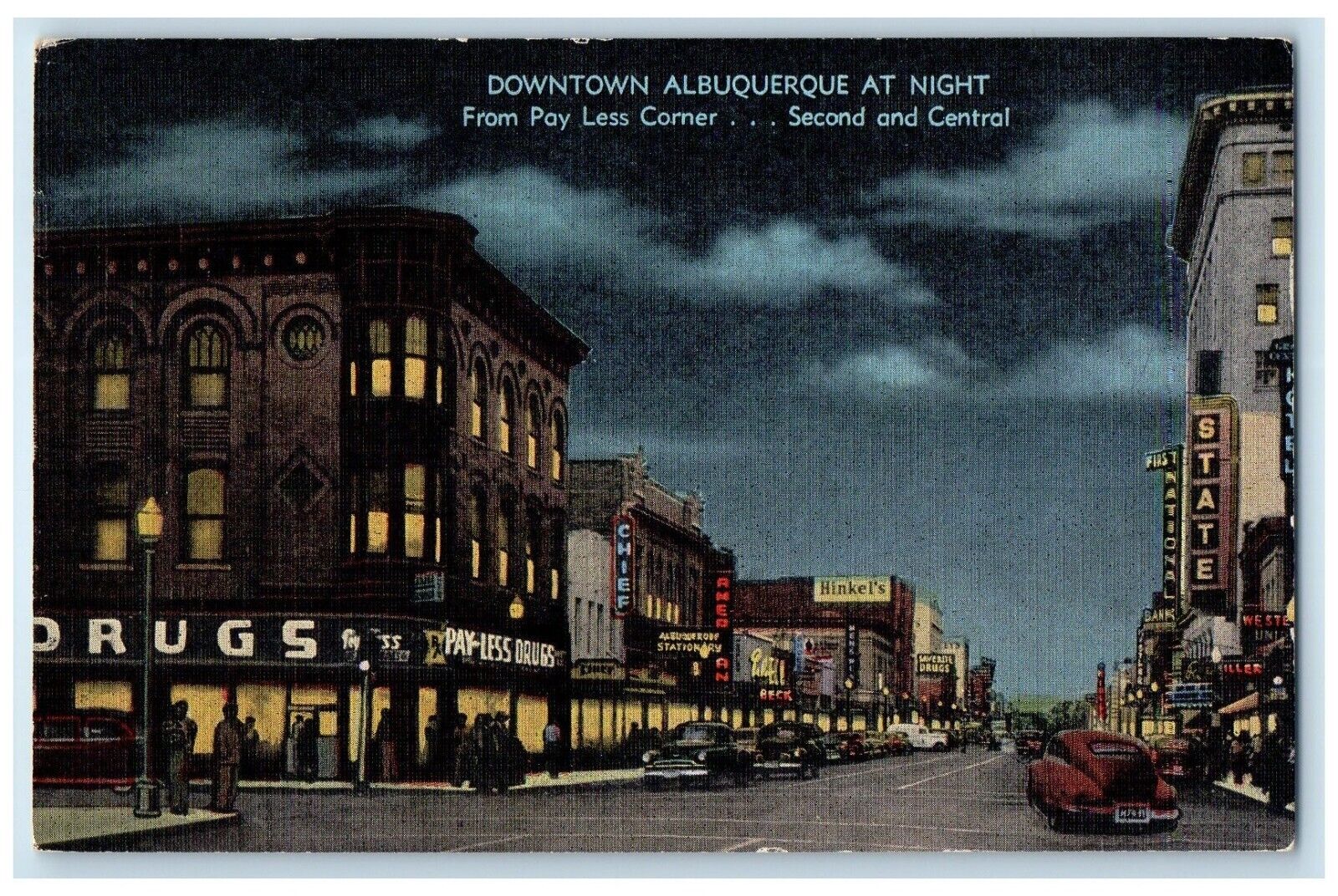1959 Downtown Albuquerque Night Pay Less Corner Enchantment New Mexico Postcard