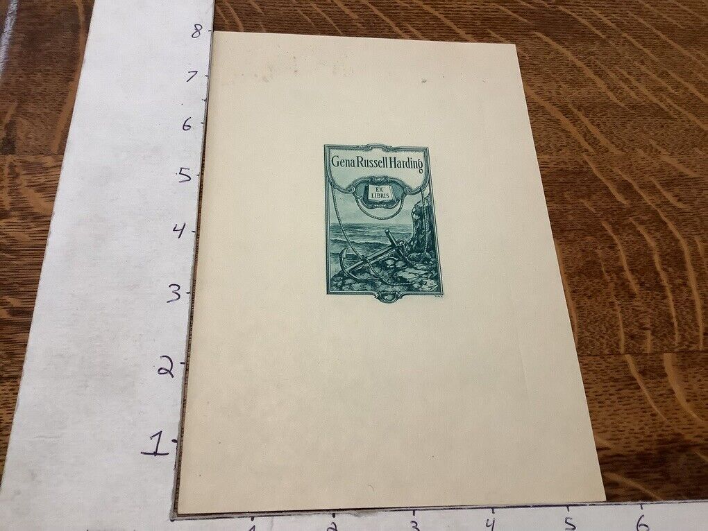 Original Vintage Book Plate: Gena Russel Harding - GREEN INK - w ANCHOR, OCEAN