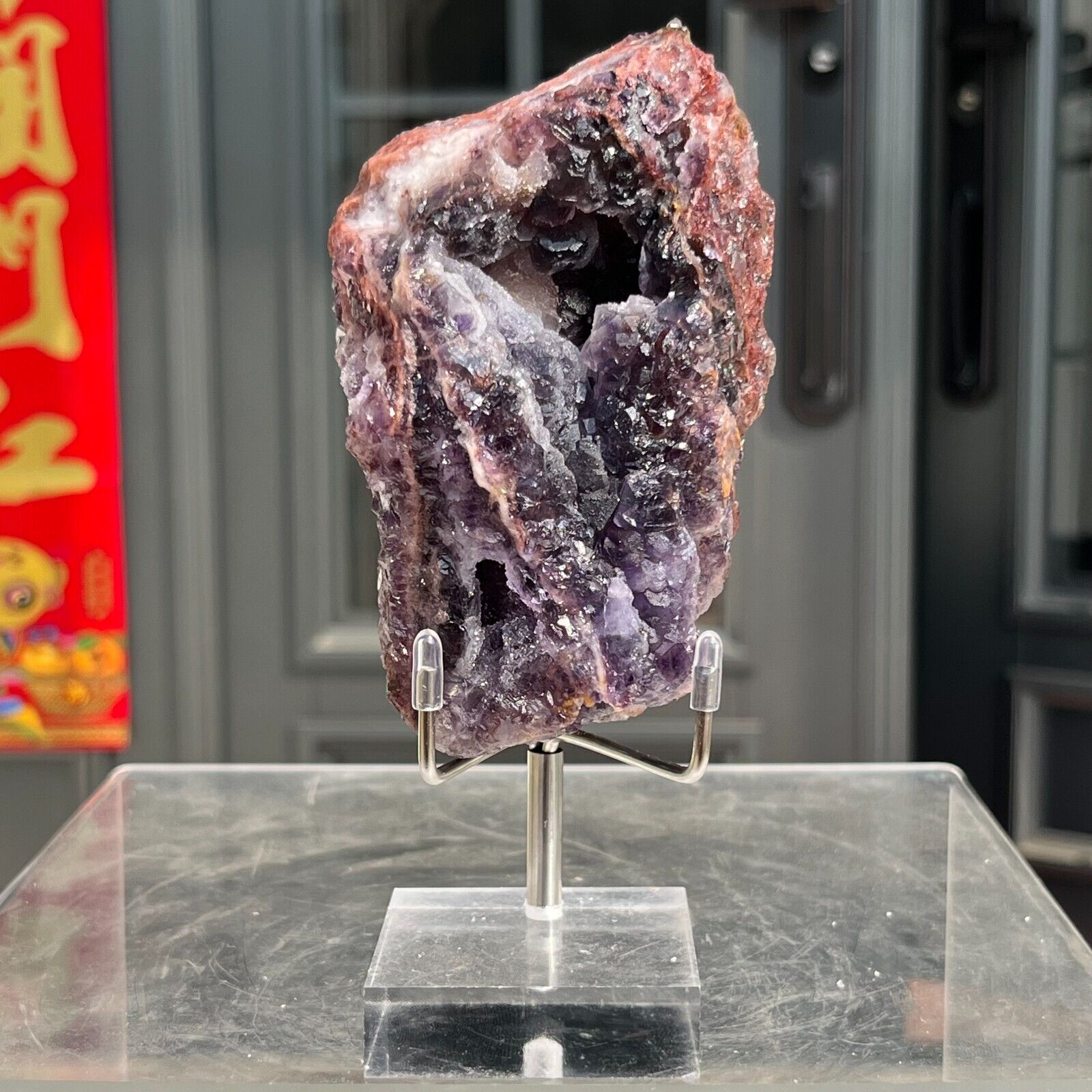 535g Natural Purple Violet Fluorite Quartz Crystal Mineral Specimen+Stand