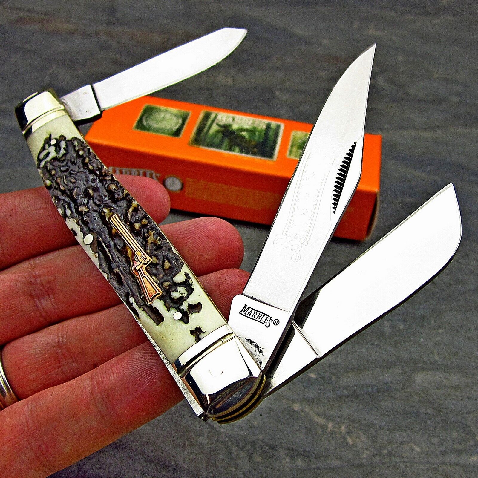 Marble's Large Stag Handle 3 Blade Stockman Traditional Folding Pocket Knife NEW