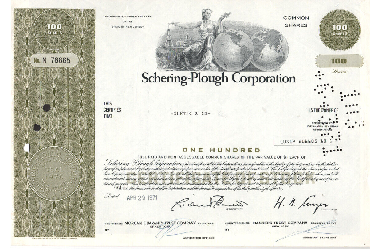 Schering Plough Corp - Original Stock Certificate - 1971 - N78865
