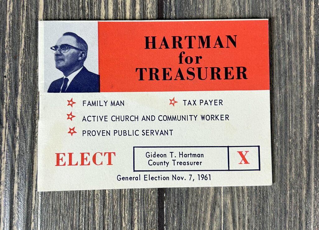 Vintage Hartman For Treasurer General Election Nov 7 1961 