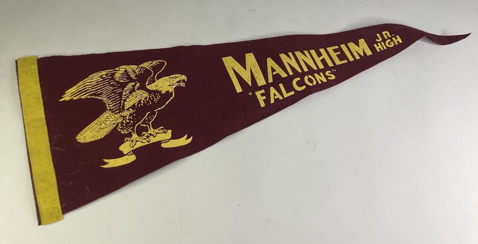Vtg “Mannheim Jr. High Falcons” Maroon & Yellow Middle Size 24” Felt Pennant