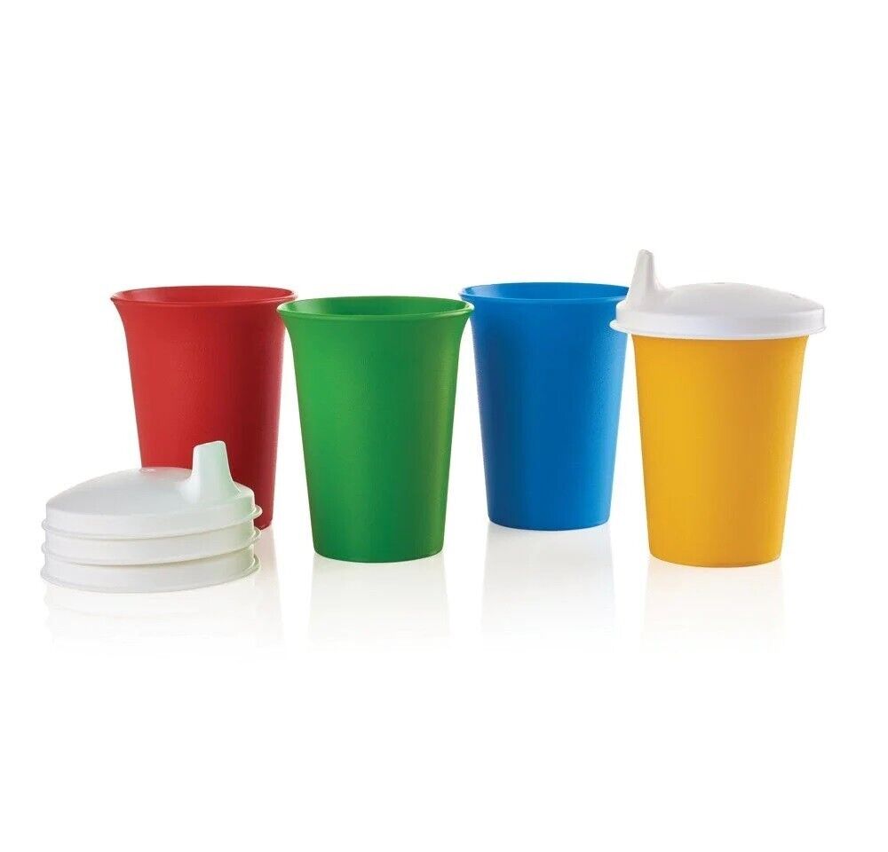 Tupperware Vintage Colors Kids 7oz Bell Tumblers 4pc+4pc White Sipper Seals NEW