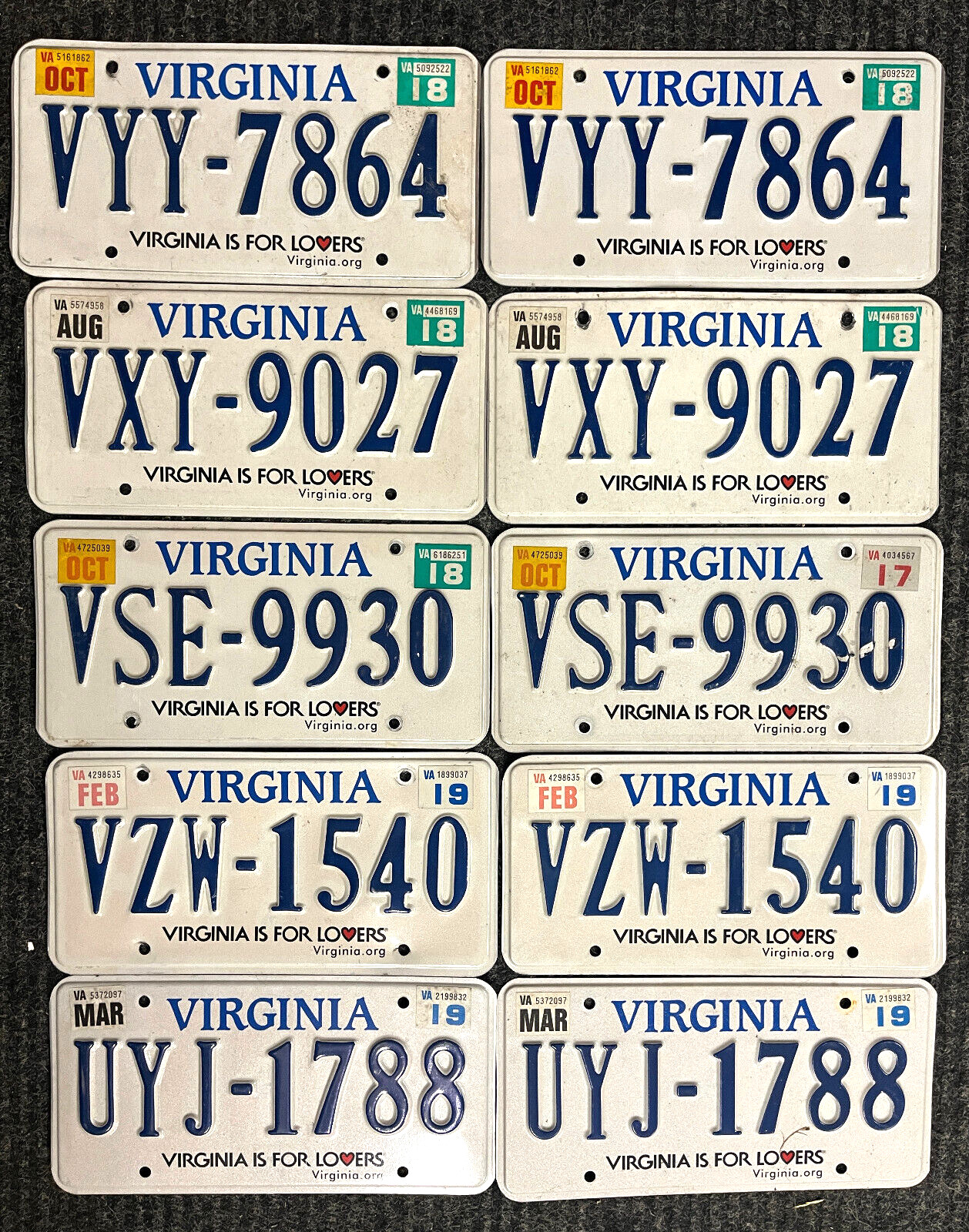 Bulk Lot of 5 Pairs of Virginia License Plates .... VIRGINIA IS FOR LOVERS