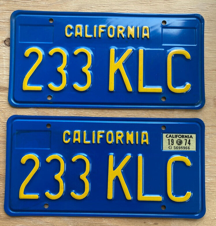 1970s BLUE YELLOW California license plate pair 233 KLC Clear DMV NEAR MINT