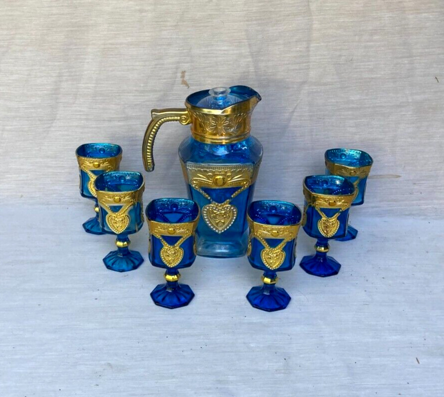 Vintage Cobalt Blue and Gold Painted Art Glass  Wine Pitcher & 6 Cordial Set