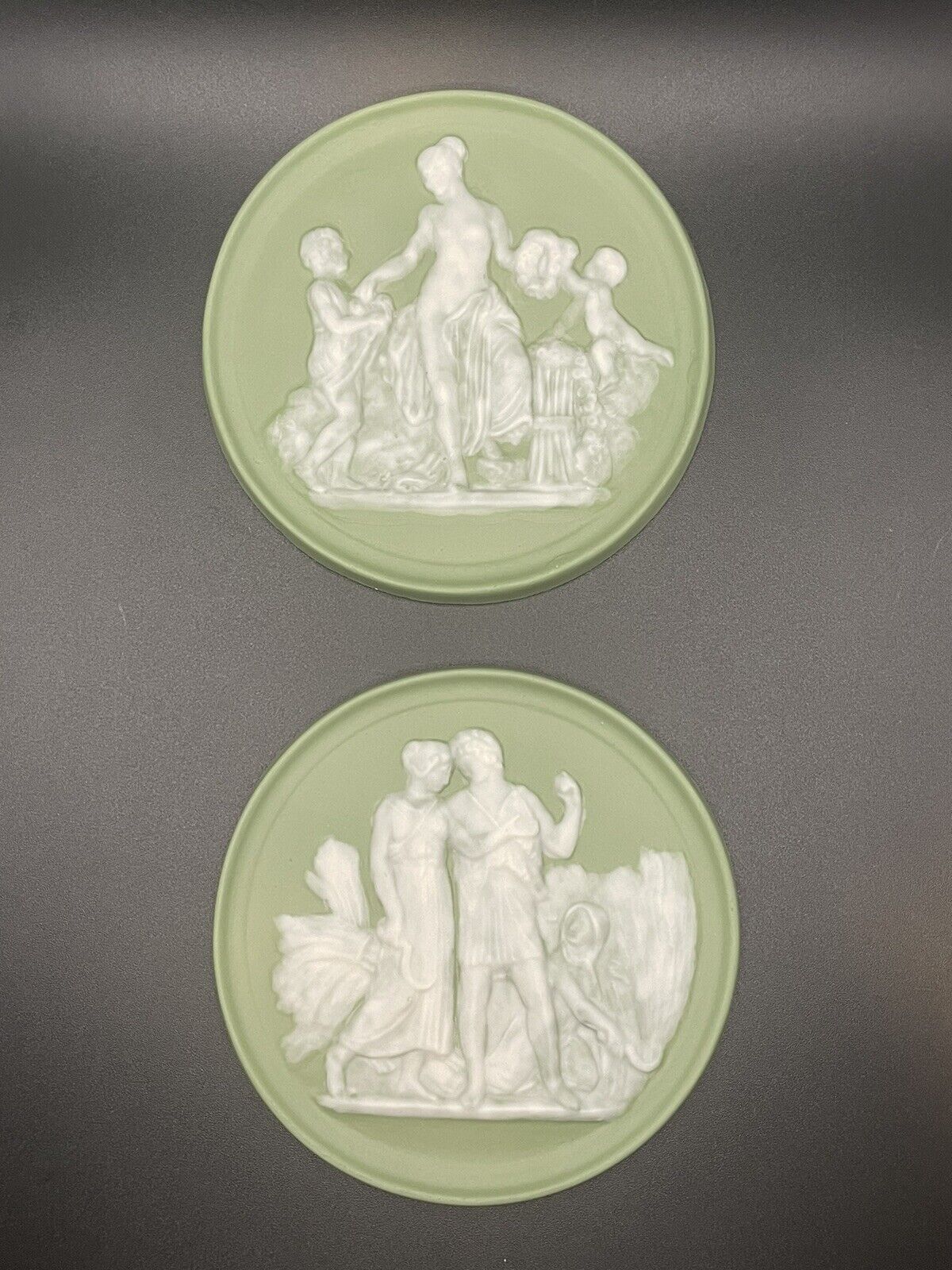 2 Miniature Sage Green Jasperware Plate, Greek Figurals 4.5 In Vintage Signed
