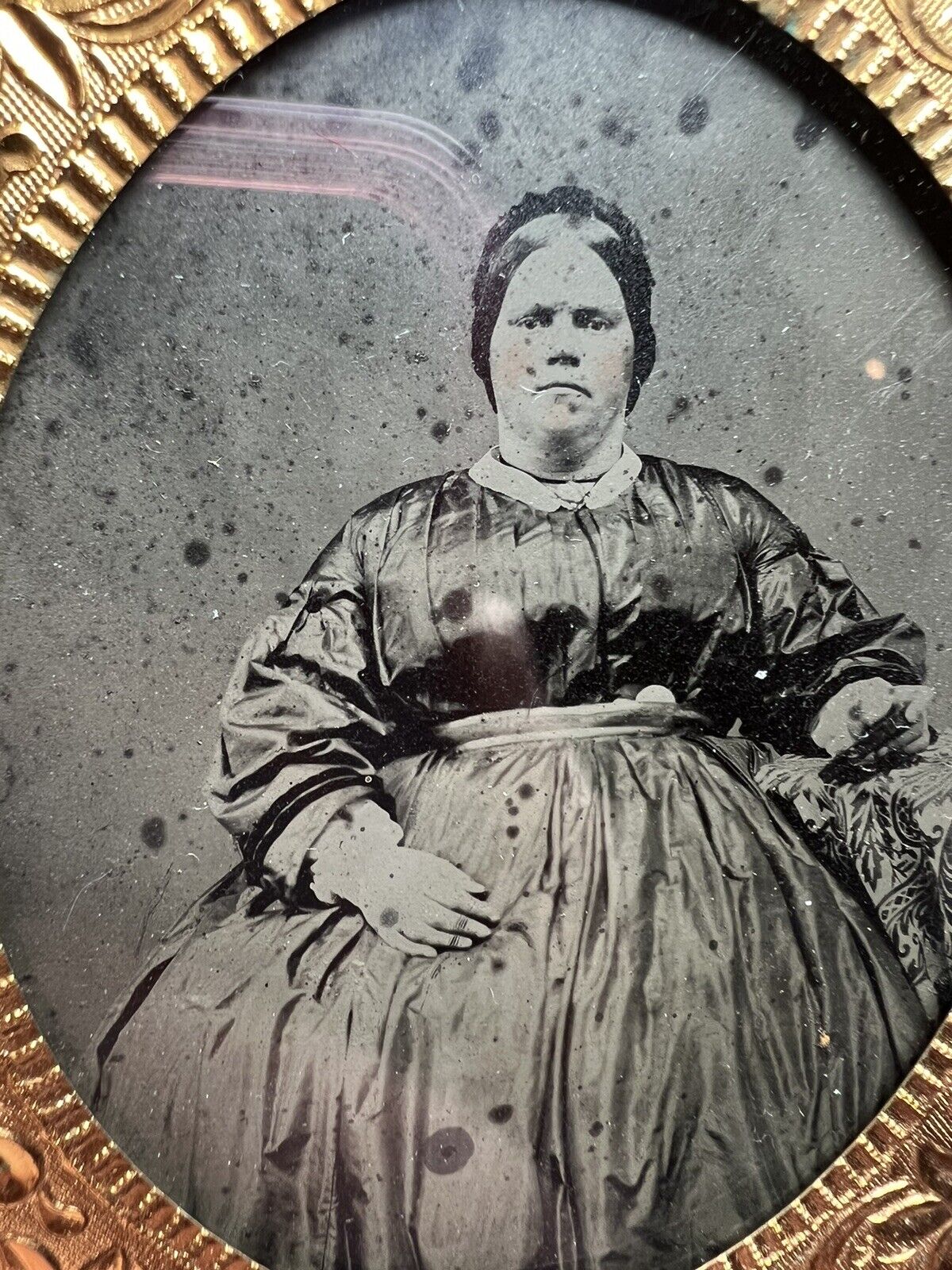 Antique Tin Type Photo Obese Woman Portrait Sixth Plate Fat Lady Mourning Framed