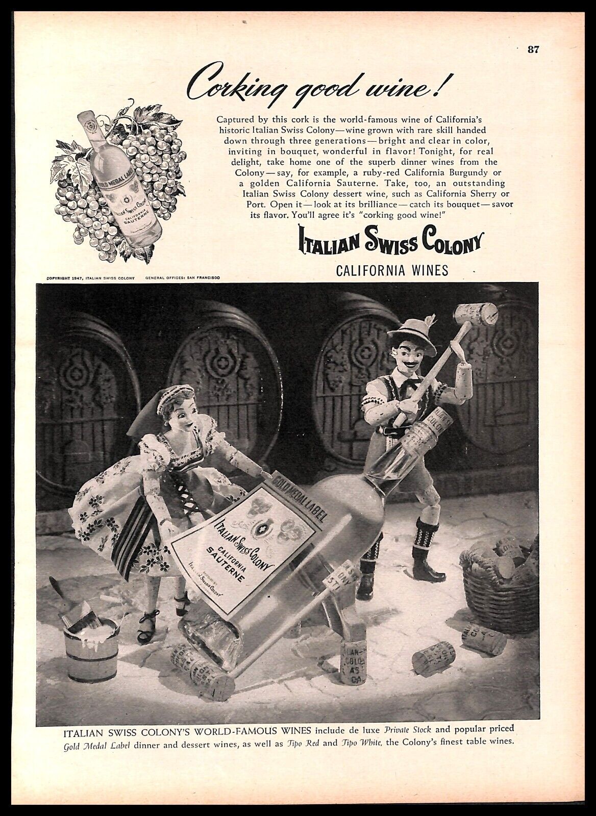 1947 Italian Swiss Colony California Wines Vintage PRINT AD Alcohol Puppets