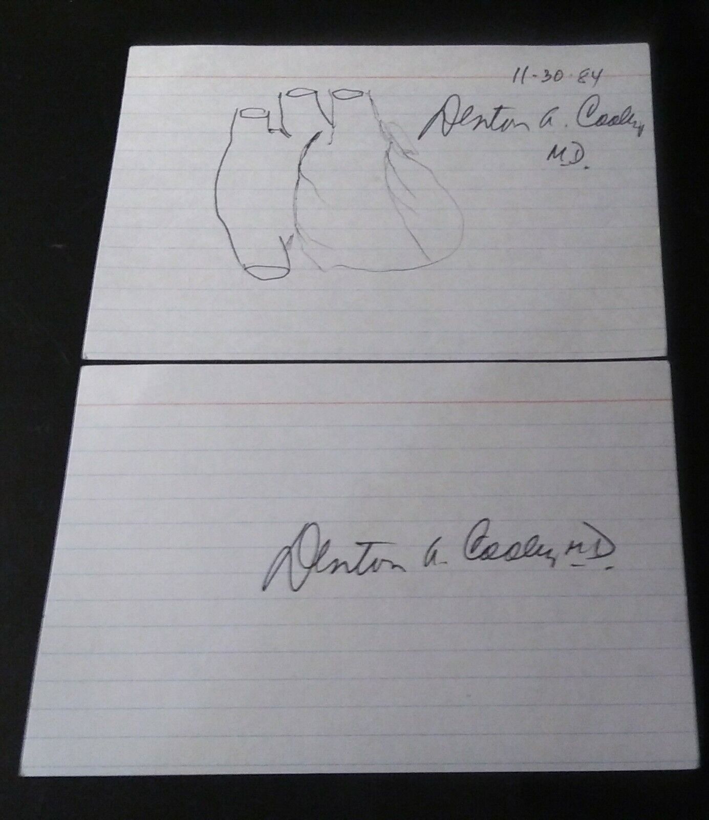  Denton A Cooley MD Autographed DRAWING 1st Surgeon artificial Heart SIGNED CARD