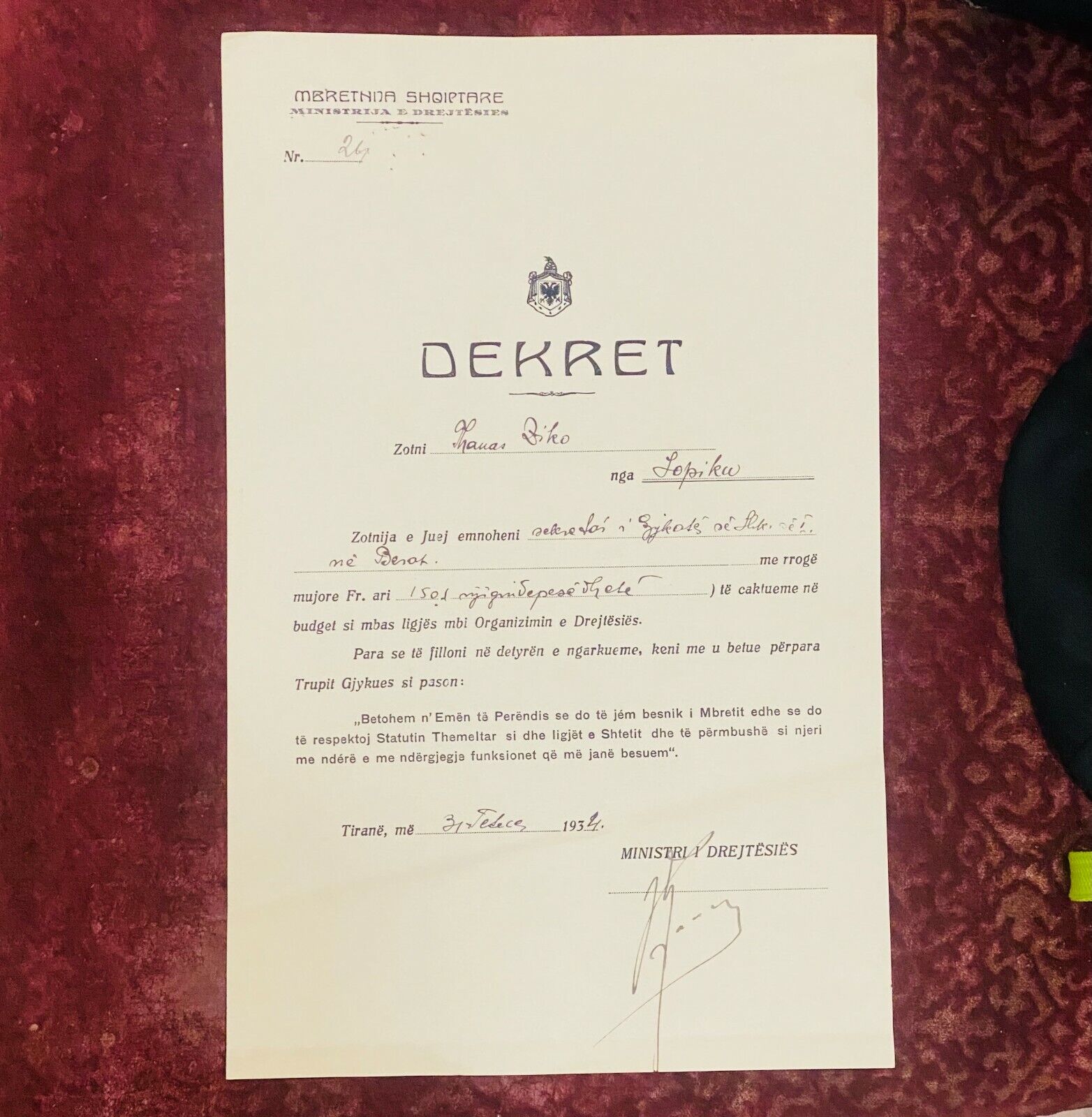 Rare Albania Kingdom Decree Antique Document Justice Ministry 1934 - 0034