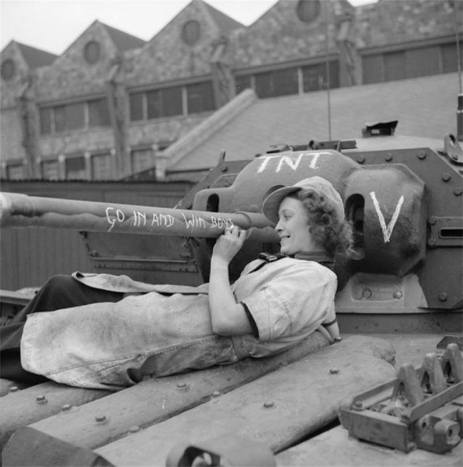 WWII B&W Photo British Female War Worker on Crusader Tank   WW2 / 3018