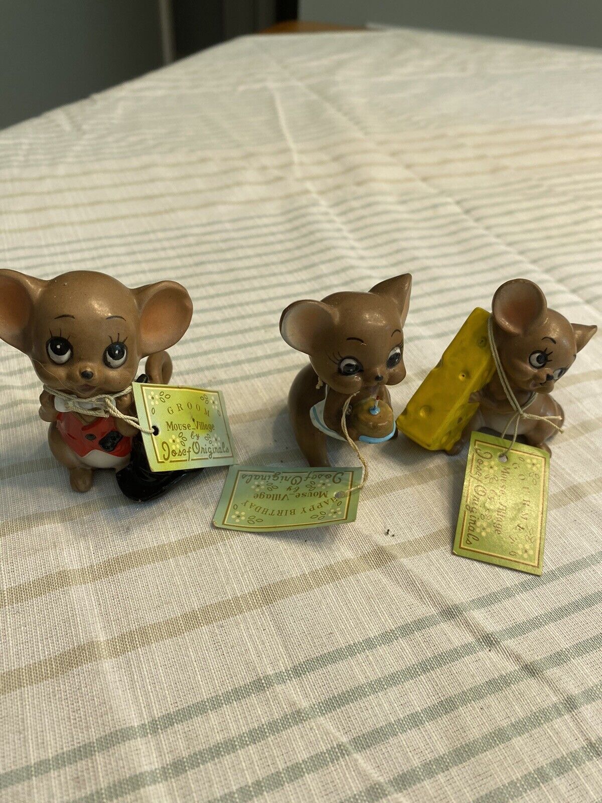 Lot of 3 Vintage Josef Originals Mice, Groom Birthday Cheese w Stickers & Tags