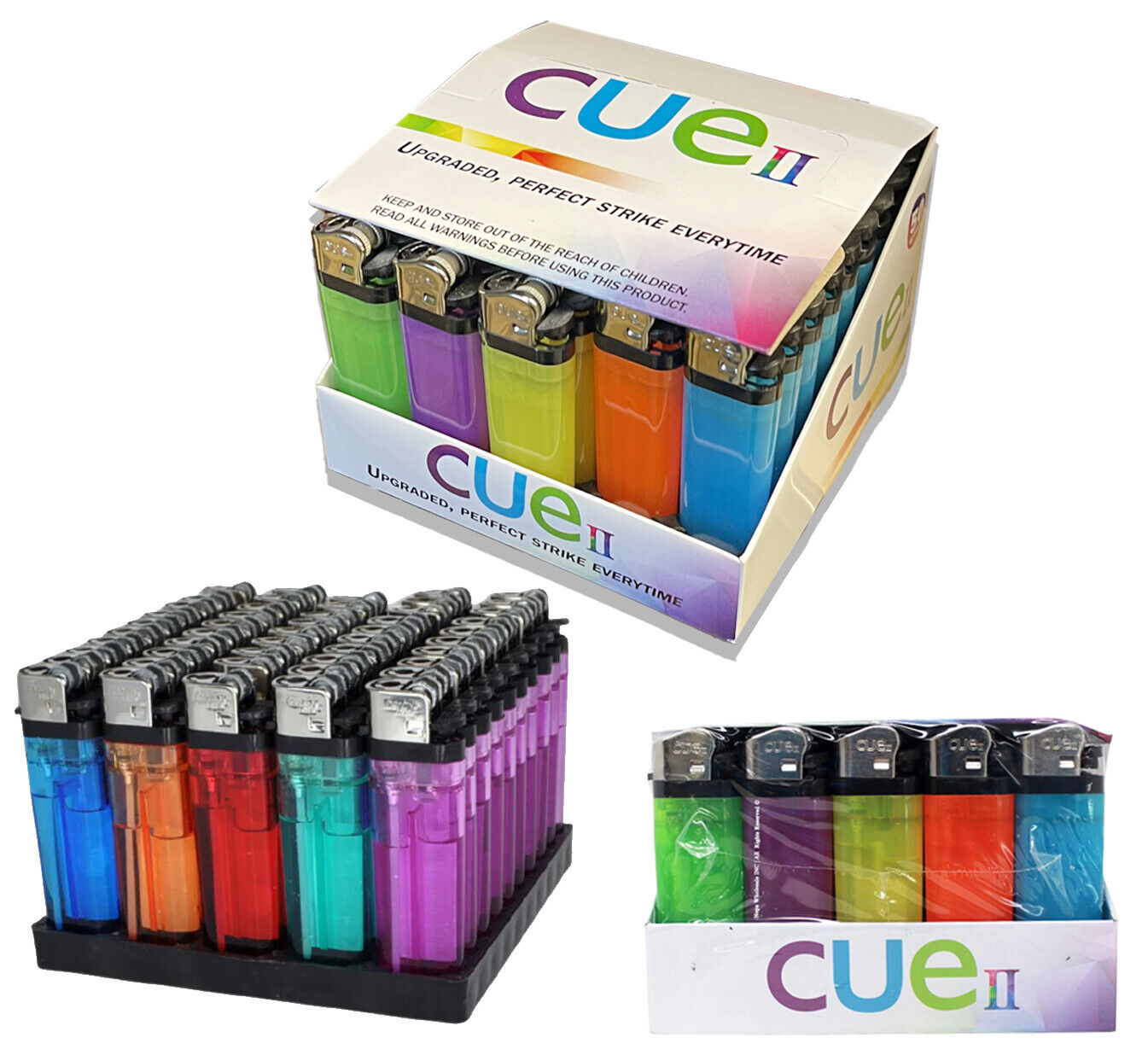 50 Count CUE II Classic Lighters, Assorted Colors, Regular Size, Long Lasting,