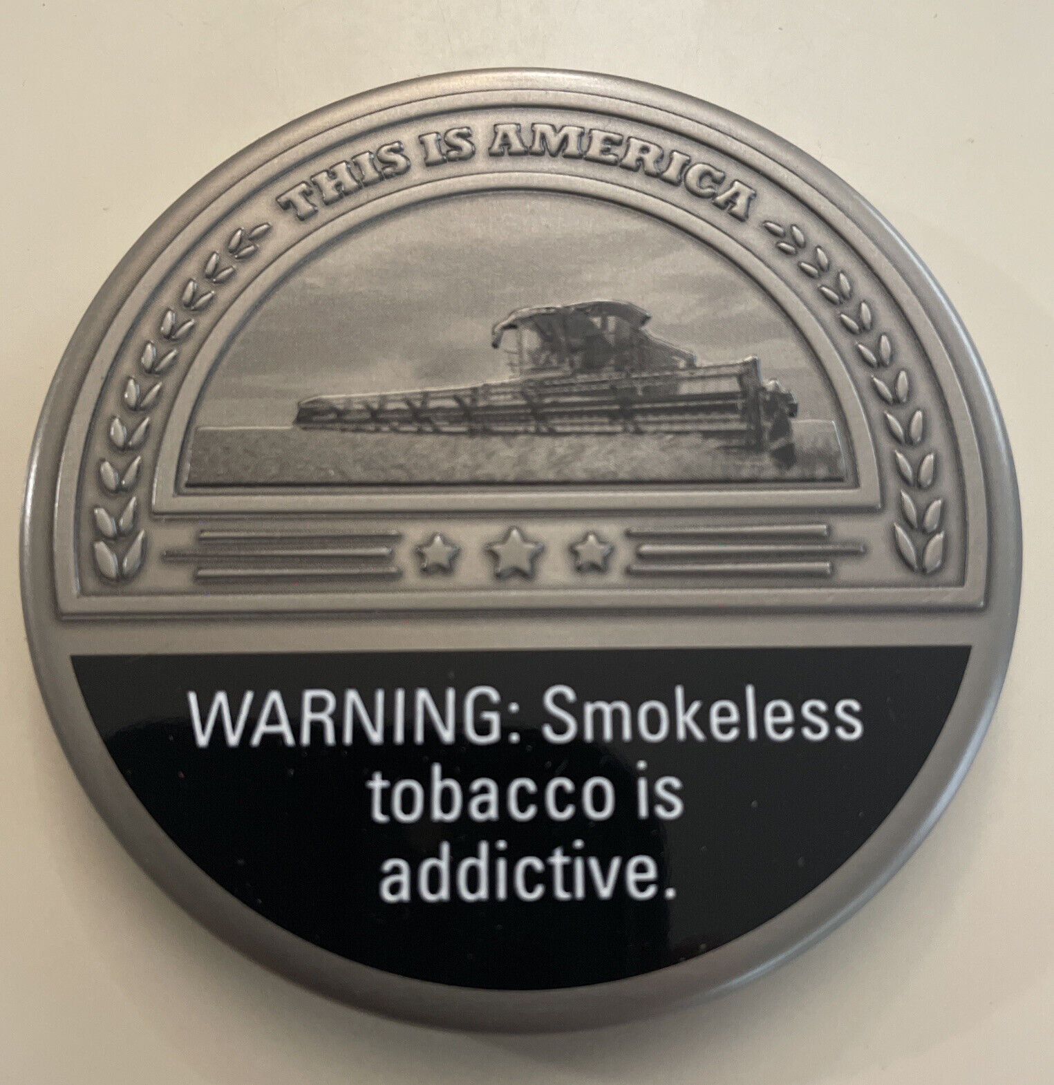 THIS IS AMERICA TOBACCO SNUFF CAN LID NEW UNUSED COMBINE WHEAT HARVEST