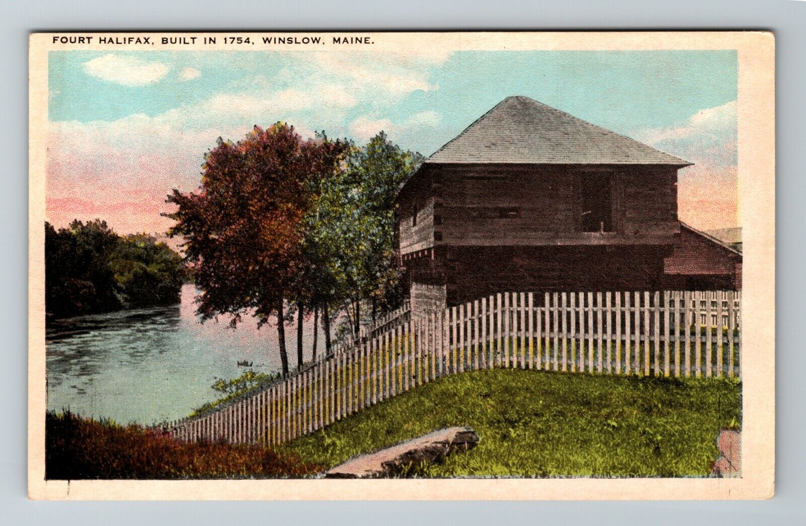 Winslow ME-Maine, Built In 1754, Fort Halifax Log Building Vintage Postcard