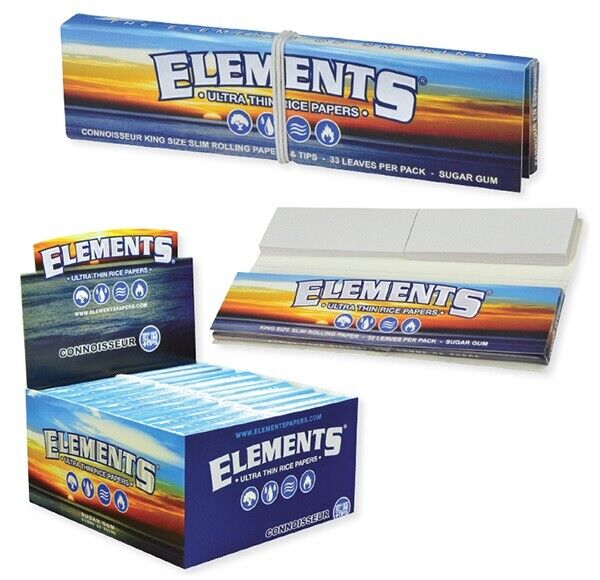 FULL BOX/ 24PK of ELEMENTS CONNOISSEUR KING SIZE SLIM W/TIPS RICE ROLLING PAPERS