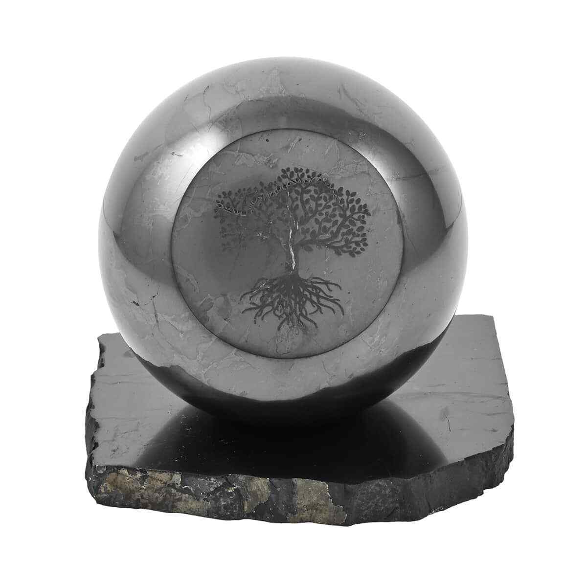 Tree of Life Pattern Engraved Black Karelian Shungite Sphere with Stand Gifts