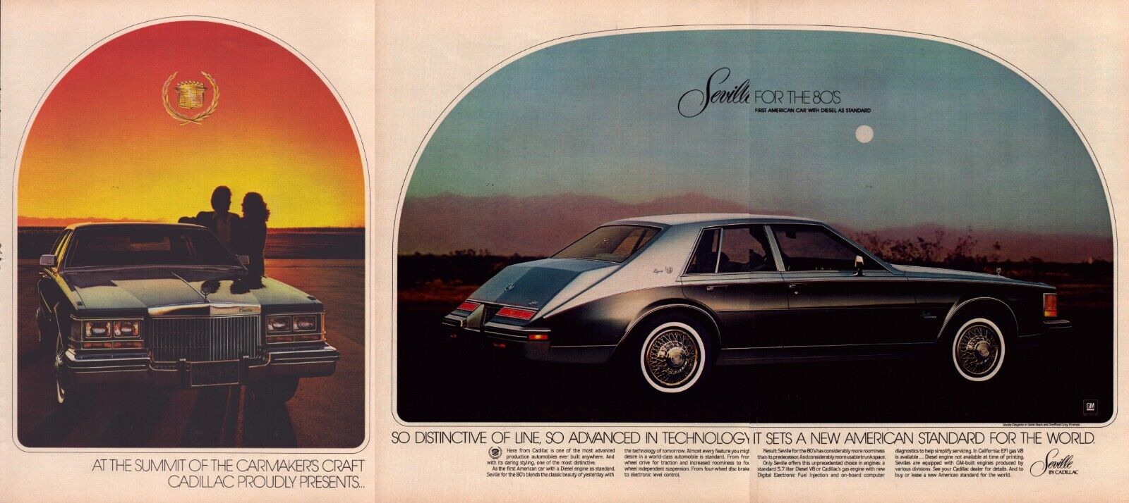 1979 Cadillac Seville THREE PAGE Print Ad For The 80s Sunset Moonlight