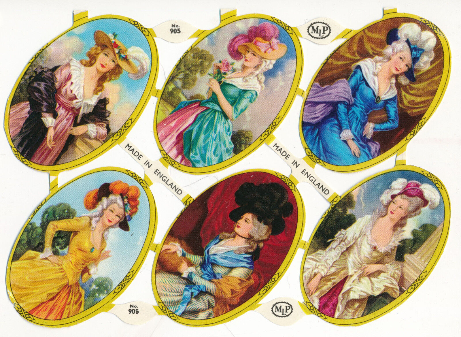 Victorian English Embossed Die Cut Scrap Sheet of 6 Elegant Women with Hats