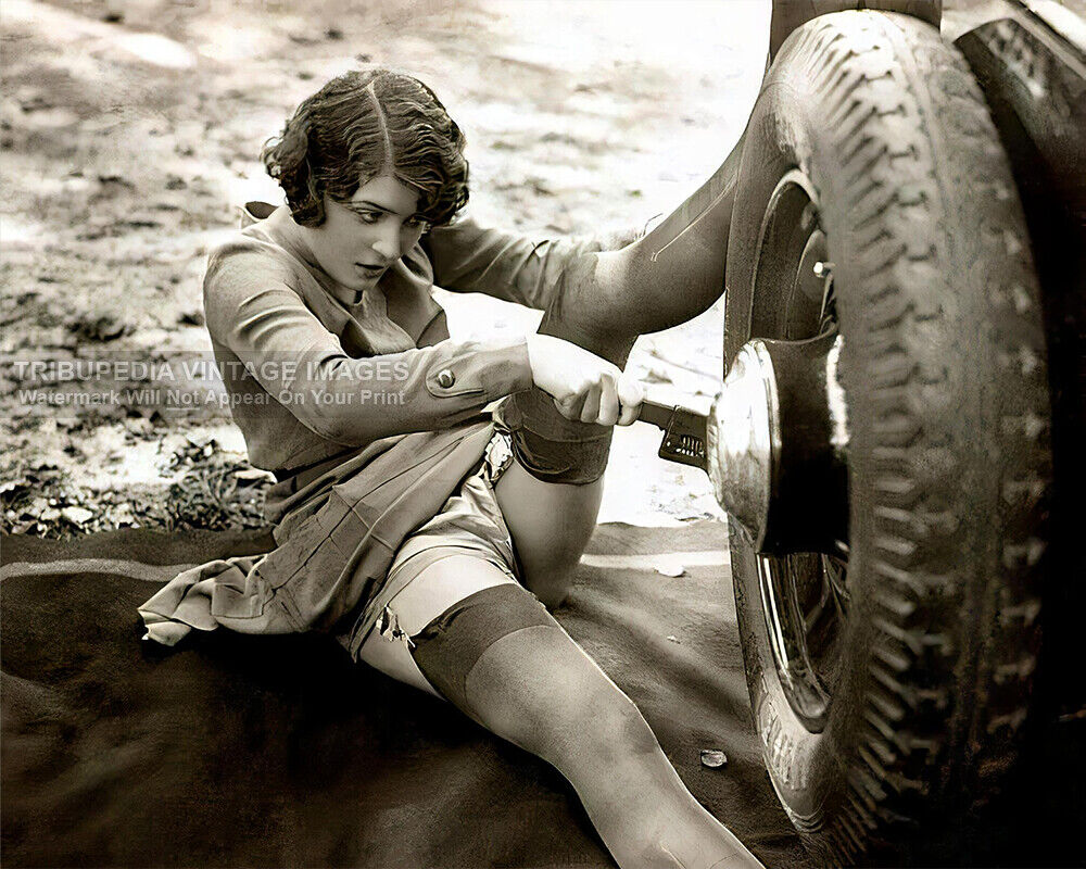 Vintage 1930s Studio Biederer Photo - Sexy Woman in Stockings Changing Car Tire