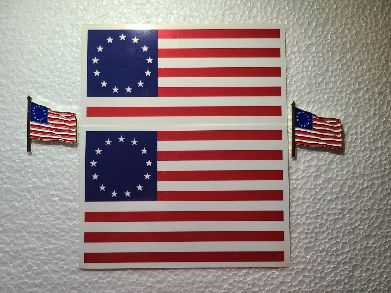 Betsy Ross 13 Star 3x5 Vintage Flag  Sticker. 2 Betsy Ross Flag Pins USA Seller
